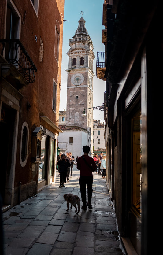 A pedestrian and dog in a Venetian lane beneath a bell tower