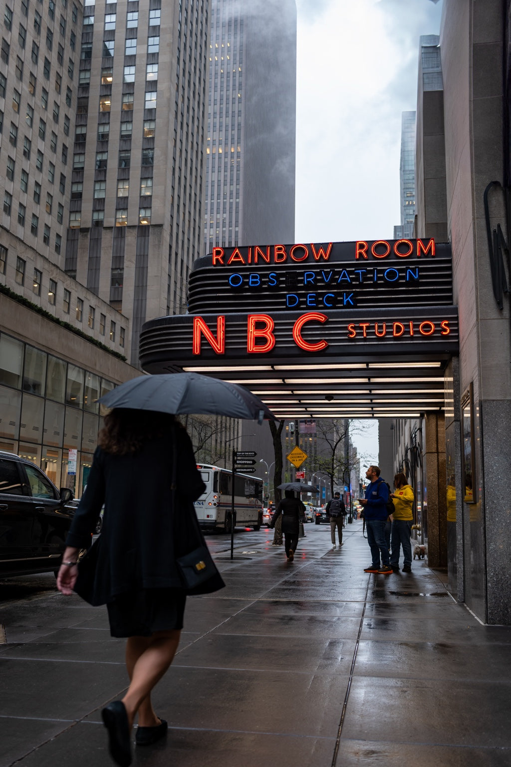 A pedestrian with an umbrella in rainy New York