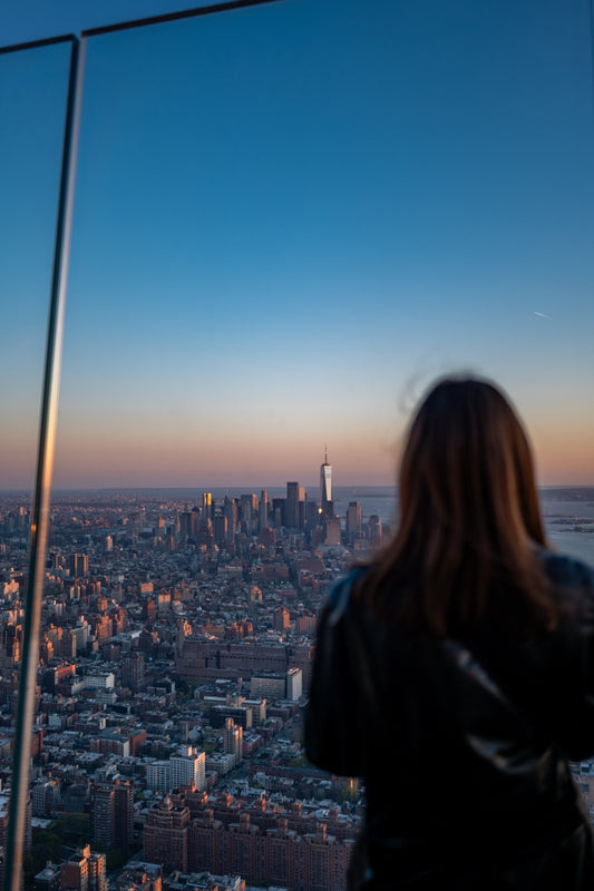 A visitor looking over New York at sunset