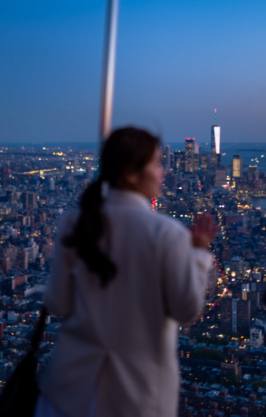 A visitor looking at the New York skyline at blue hour